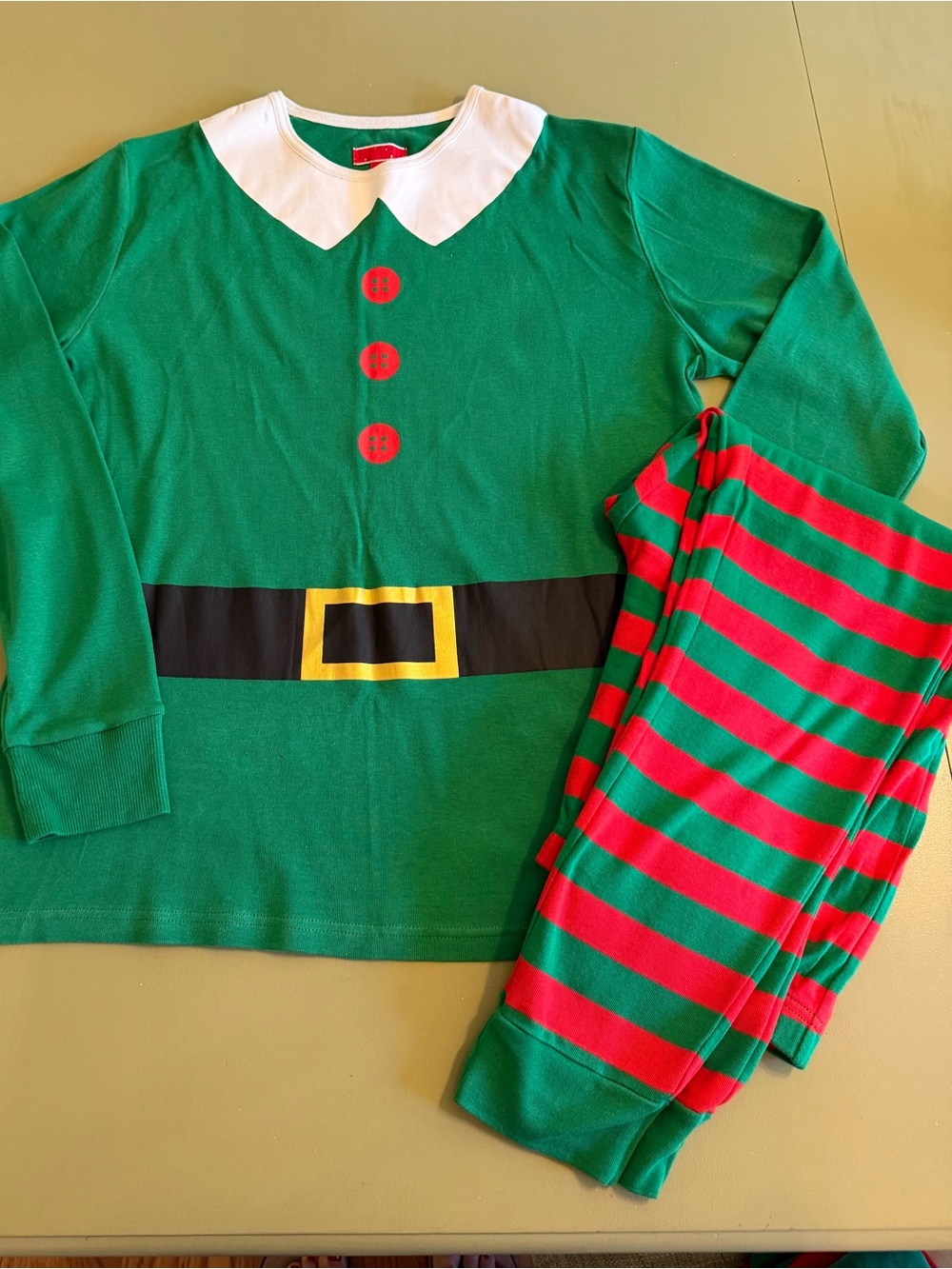 Green Elf Pajama Costume Set with Red Striped Pants